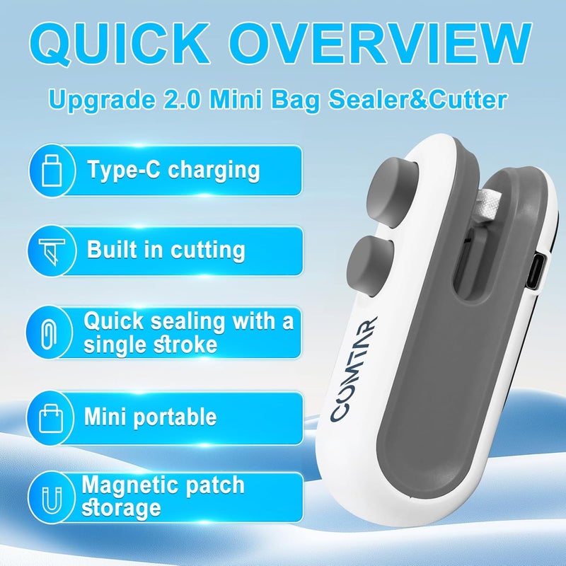 COMTAR Mini Bag Sealer, Upgraded 2 in 1 Heat Sealer&Cutter, Rechargeable USB C Bag Sealer Heat Seal Machine with Magnet, Portable Resealer Machine Sealer for Plastic Bags (1-2 Mini Bag Sealer) - Image 3